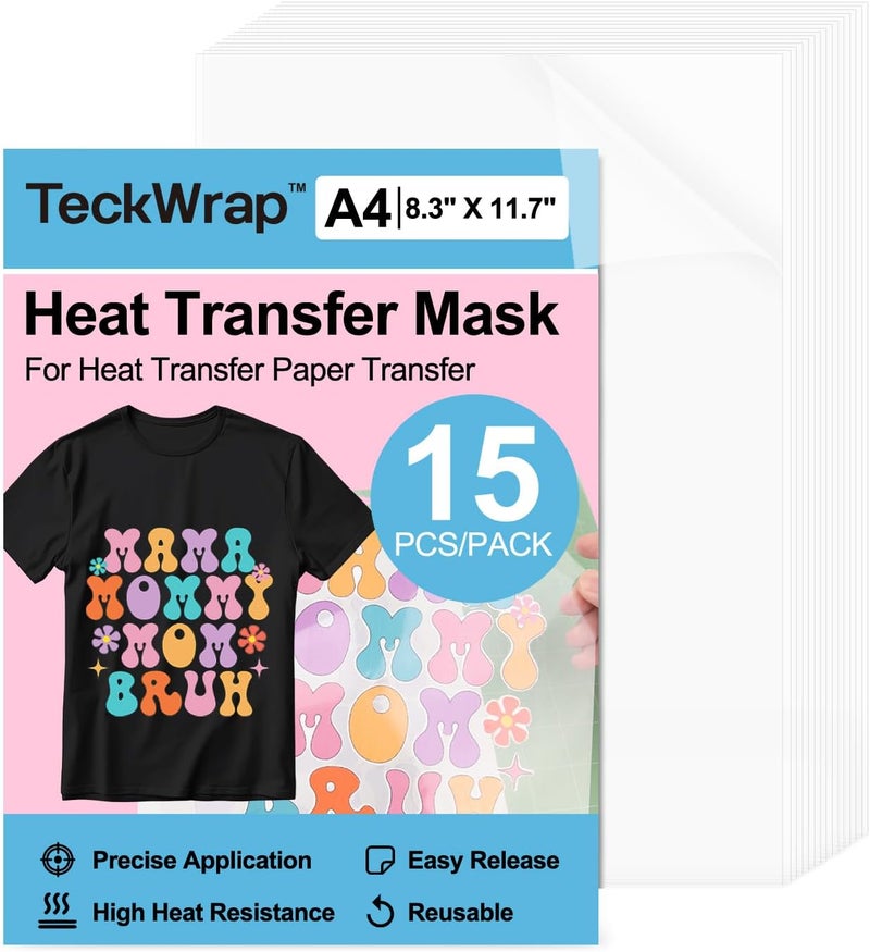 TECKWRAP قناع نقل الحرارة لورق نقل الحرارة للتيشيرتات 15 قطعة، 8.3" × 11.7" فيلم ماسك شفاف لنقل الحرارة على الحديد لورق الفينيل القابل للطباعة، أوراق قناع نقل الحرارة - Image 1